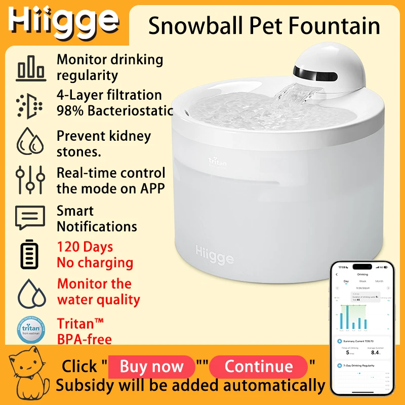 Pet Water Fountain Pet Water Dispenser Hiigge Cat Water Fountain 70mai Wireless Automatic Water Dispenser for Dog Cordless Pet Drinker with data analysis