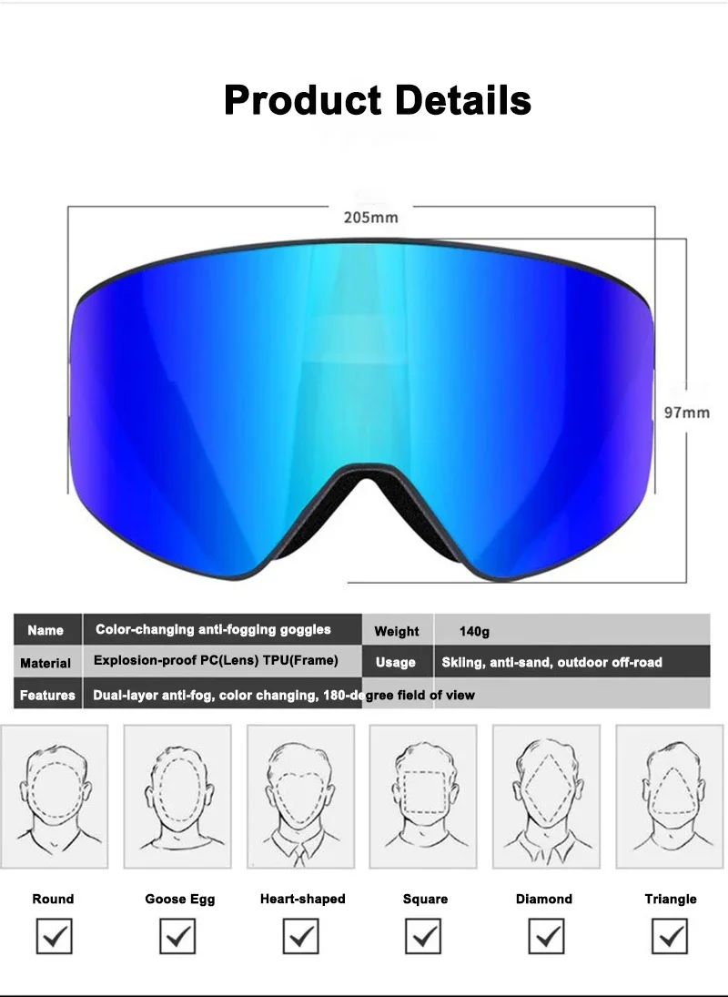 New Color-Changing Ski Goggles All-Weather Transparent Color-Changing Double-Layer Anti-Fog Cylindrical Ski Sports Glasses 6