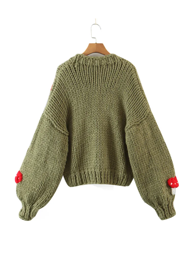 2022 Autumn Winter Sweet Cute Handmade Mushroom Sweater Women Loose V-Neck Casual Short Knit Cardigan Jacket Female Coat 3