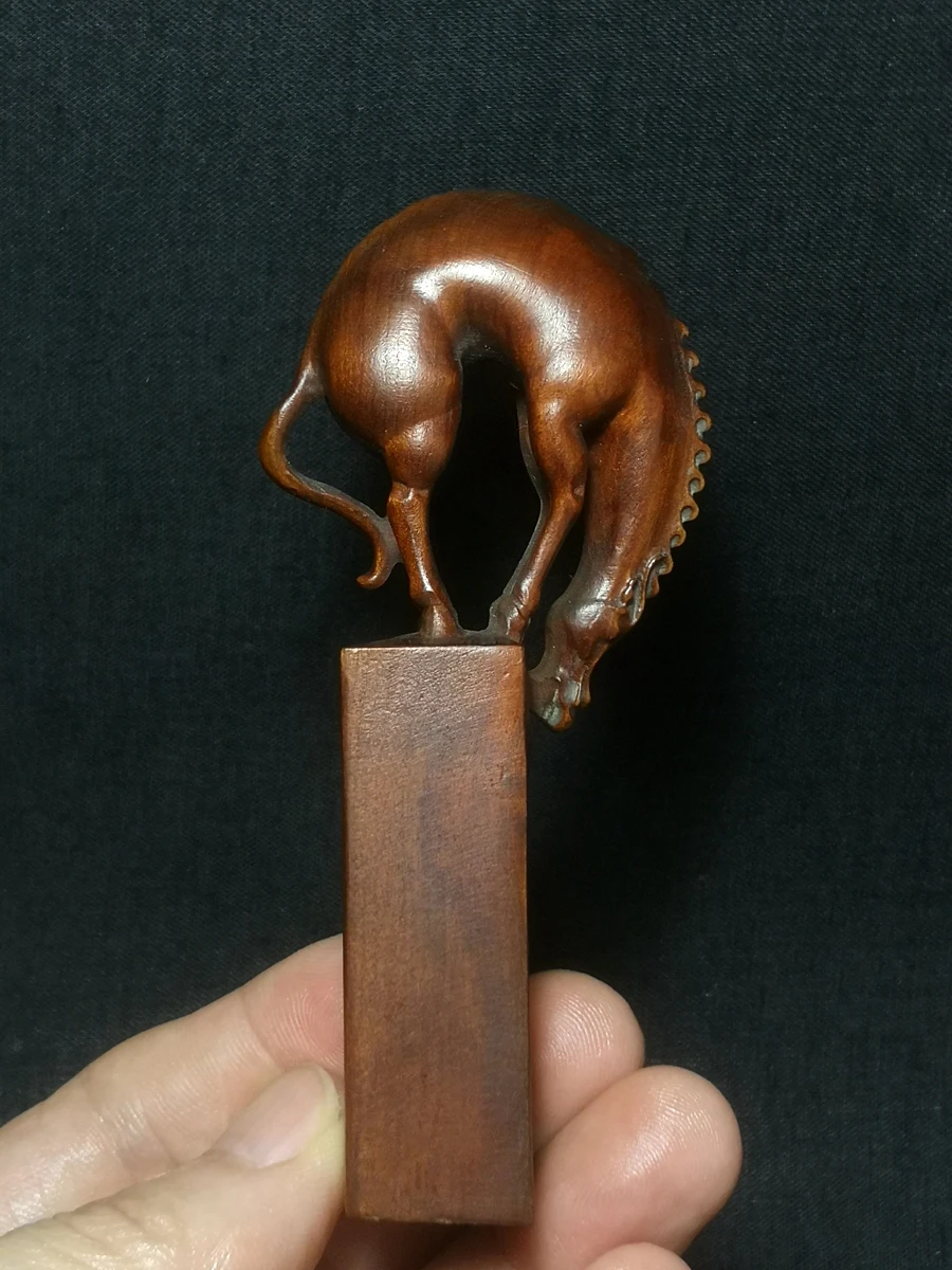 

1919 Antique art Size 4.2 Inch Chinese Boxwood Wood Hand Carved Horse Statue Seal Material Old Desk Decoration Gift Collection