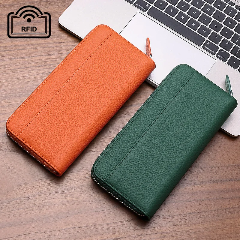 Genuine Leather Women's Long Zipper Wallet with Litchi Pattern Cowhide Leather Clutch Purse