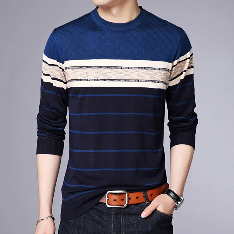 Men's Casual Striped Knit Spring and Autumn Long Sleeved Pullover Fashion Top