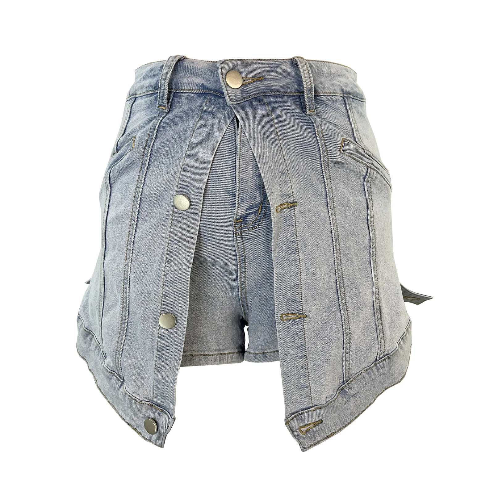 Fashionable Light Blue And Black Stretch Denim Three-Point Shorts Summer Ladies Casual Cotton Culottes Tidal Current Wind