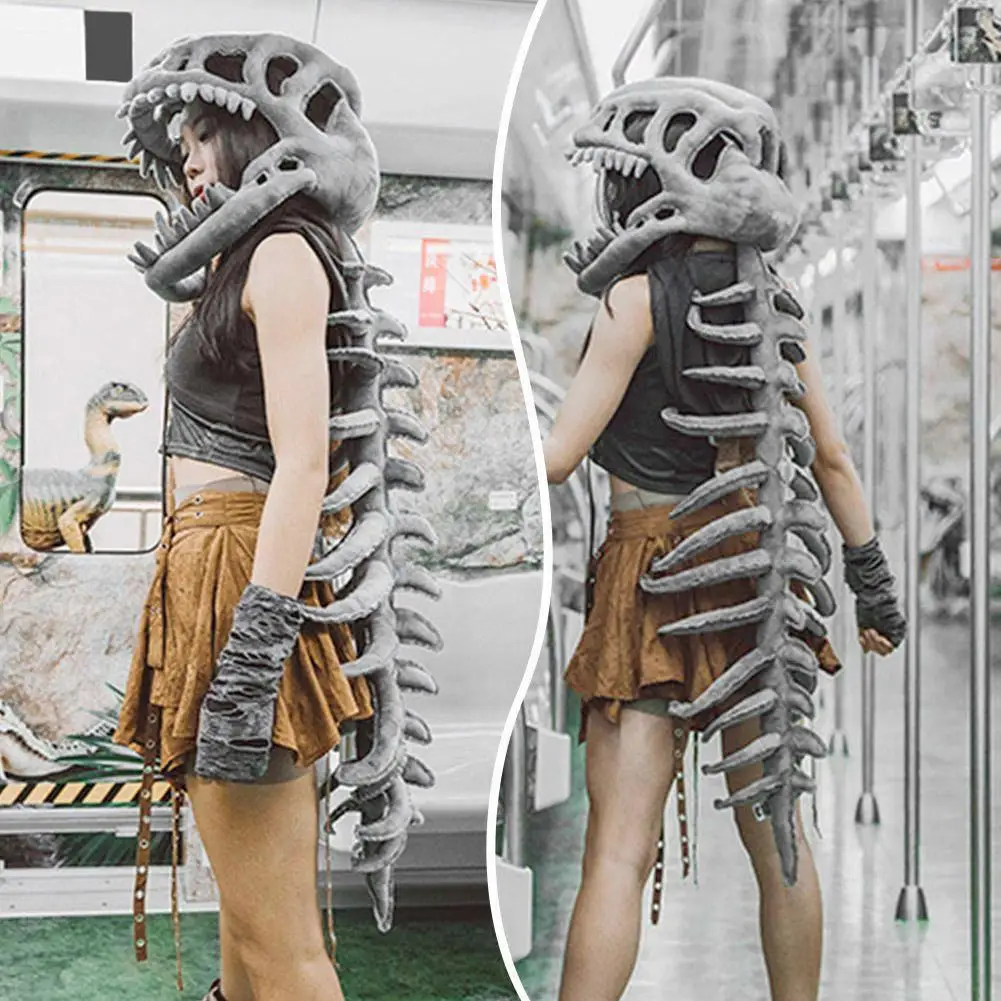 3D Dinosaur Skeleton Costume Set Halloween Realistic Dinosaur Headgear Plush Skeleton Dinosaur Costume Adult Dress-Up Jumpsuit