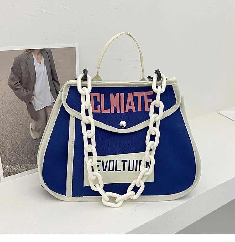 Canvas Women's Shoulder Bag Chain Casual Totes Contrast Color Ladies Crossbody Bag Trend Letter Print Fashion Designer Handbags