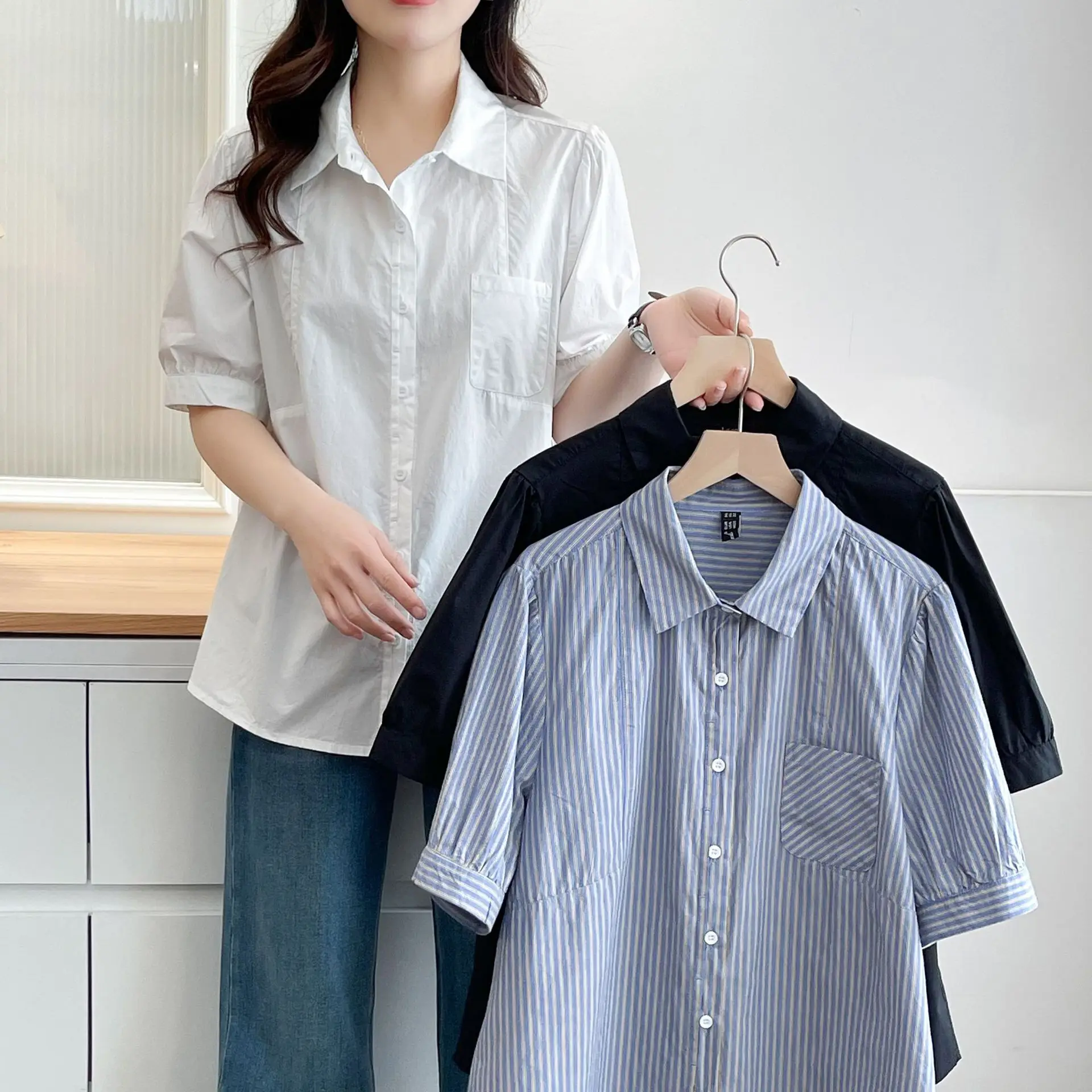 Summer New Plus Size Blouses Women's Wear 100KG Casual Single Pocket Puff Sleeve Washed Cotton Shirt 2517