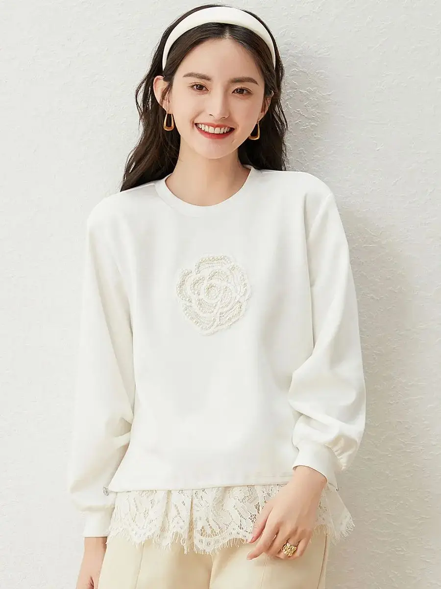 LOUIS YAO Women Hoodies 2024 Spring New Bead Flower Round Neck Long Sleeve Lace Casual Fashionable Women Pullover Top