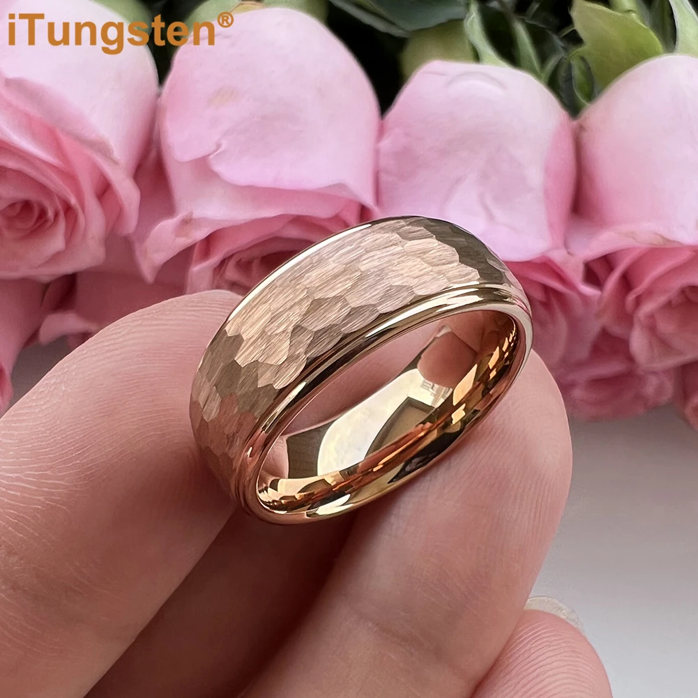 iTungsten 6mm 8mm Tungsten Hammer Ring Men Women Engagement Wedding Band Trendy Jewelry Domed Stepped Edges Comfort Fit