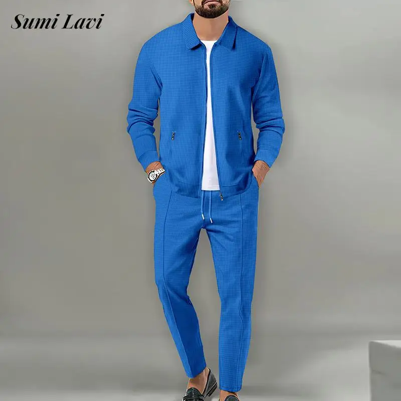 

New Casual Mens Waffle Outfits Fashion Two Piece Sets Spring Autumn Long Sleeve Zip-up Jacket And Pants Suits For Men Streetwear