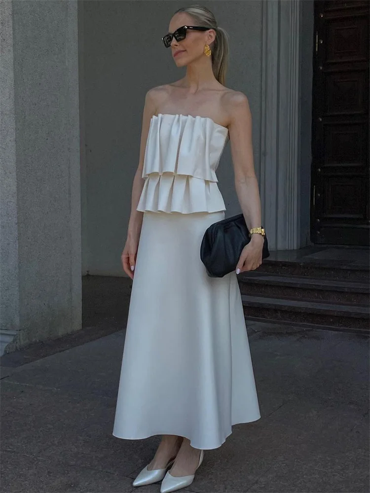 White Pleated For Women Tube Tops Backless Slim Patchwork Casual Summer Elegant Y2k Top High Waist Solid Bandeau Crop top
