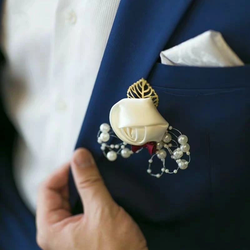Boutonniere Lapel Pins Wedding Corsage Suit Buttonhole Silk Roses Gold Leaves Men Women Brooch Flowers Mariage Accessories