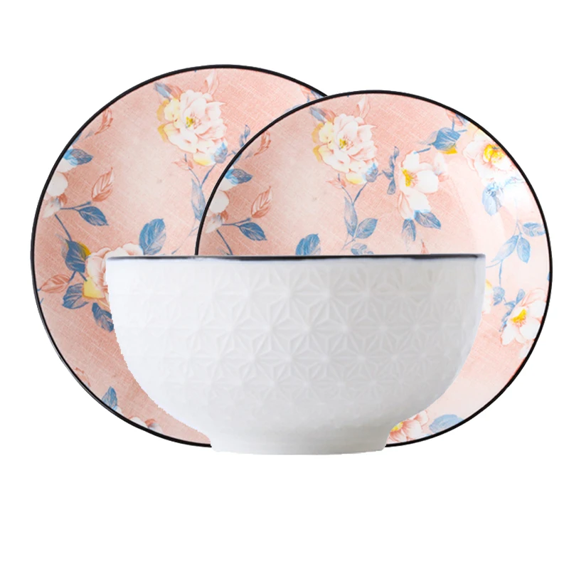 

Ldyllic Style Bowls Deep Plates Set Lovers Ceramics Pink Camellia Relief Salad Romantic Wedding Porcelain Tableware CZY-BS4013