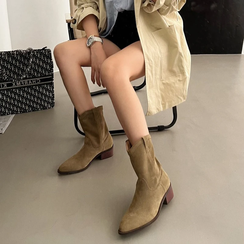 

High Heel Boots Vintage Pointed Toe Ankle Boots For Women Low Heeled Autumn Casual Shoes Khaki Suede Short Botas Cowboy Mujer