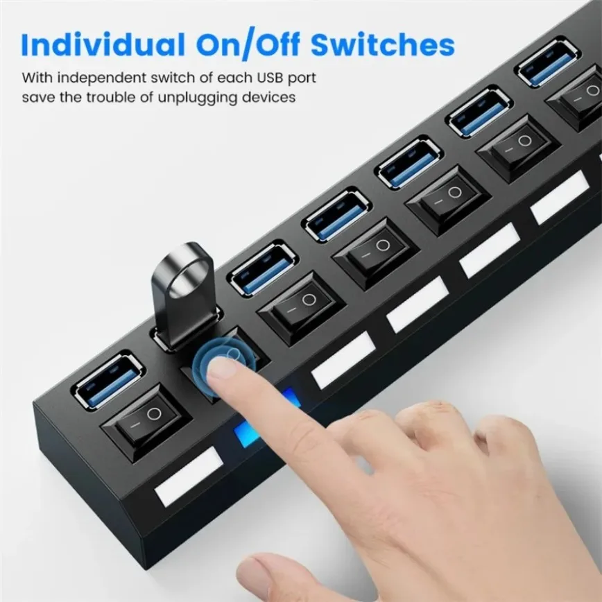 High-Speed 7-Port USB 3.0 Hub with Individual Power Switches and LED Indicators