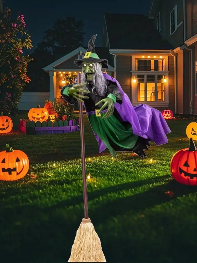 Flying Witch Hovering Witch with Lights Lighted Decoration Festive Props for Festival Outdoor Patio Activities Gathering Garden