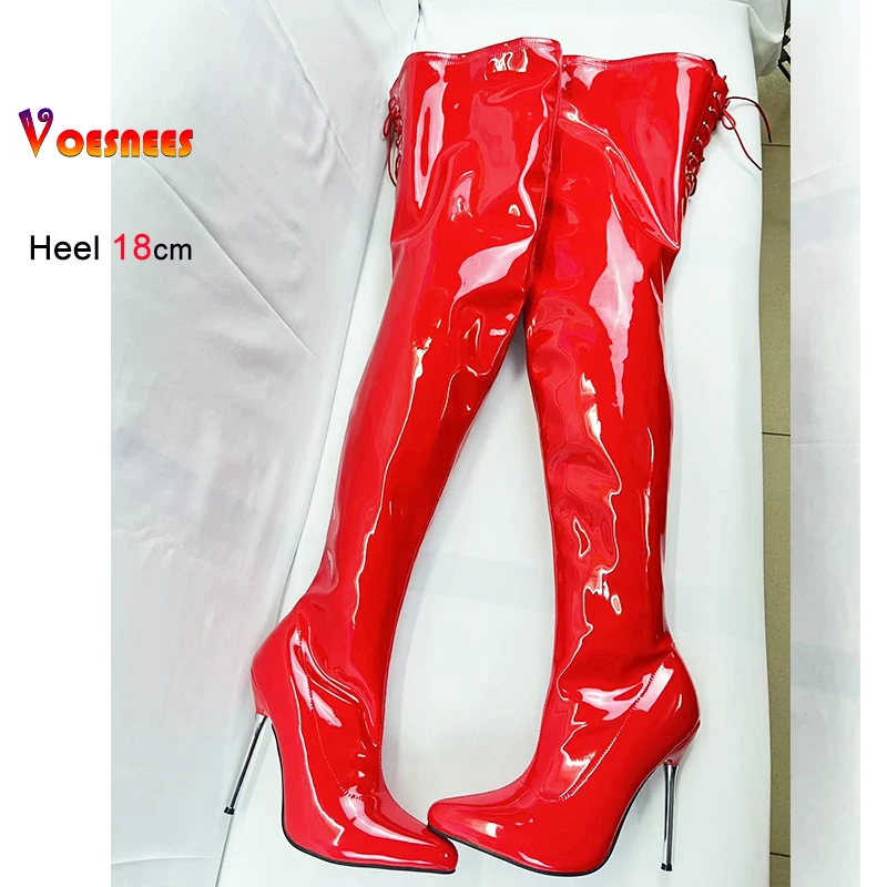 New Red Women Over The Knee Boots Patent Leather Stiletto Thin Heels Pointed Toe Sexy Super High Heel Side Zipper Modern Boots