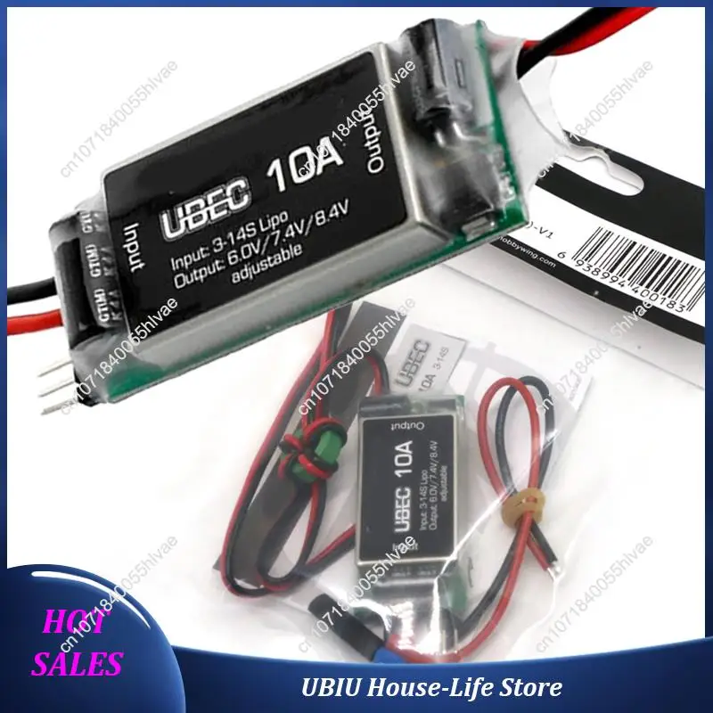 Premier plan du module régulateur de tension UBEC 10A HV 3-14S pour drone RC, montrant les soudures et composants.