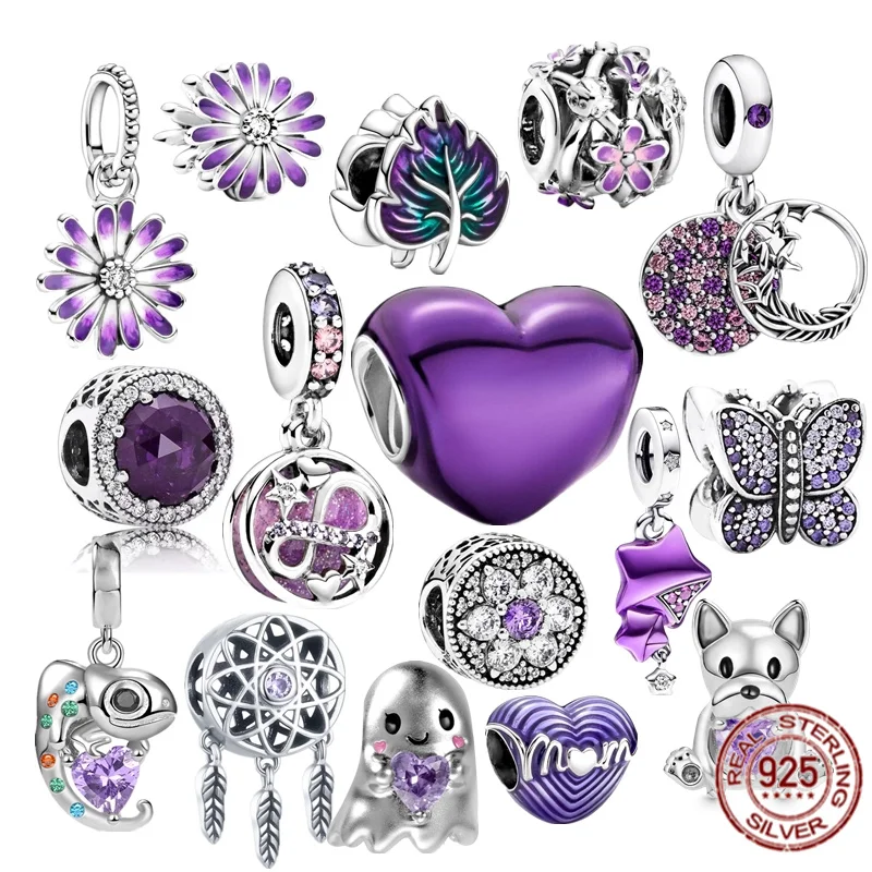 NEW Purple Charm 925 Sterling Silver Leaf, Daisy & Butterfly Charms Bead Fit Original Pandora