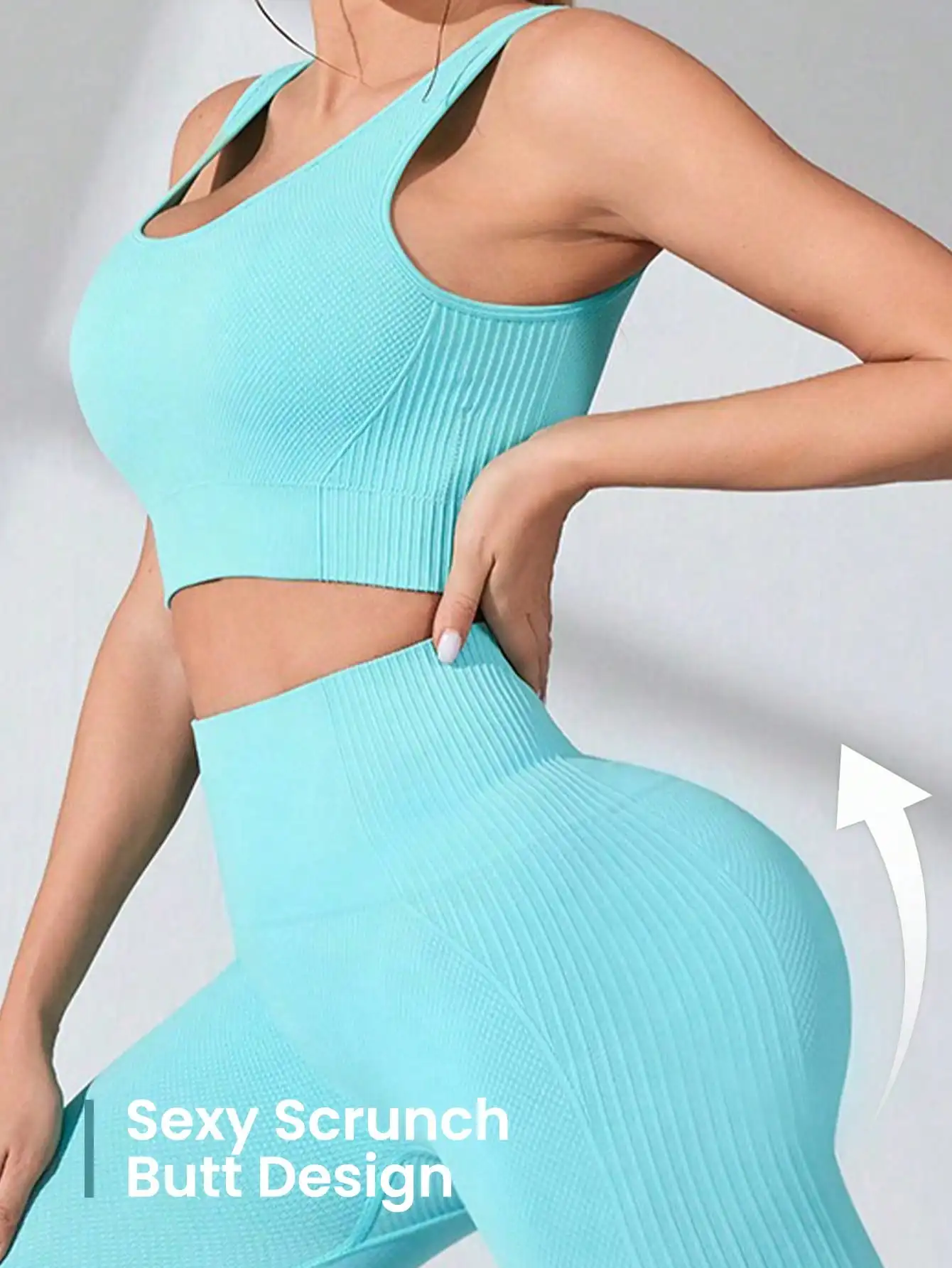 Women's two-piece workout sets - seamless yoga leggings and sports bras with cross straps, matching activewear set.