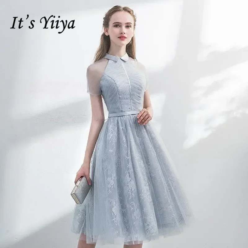 It's YiiYa Customization Cocktail Gown Gray Short Sleeve Embroidery A-line Knee Length Zipper Plus size Women Party Formal Dress