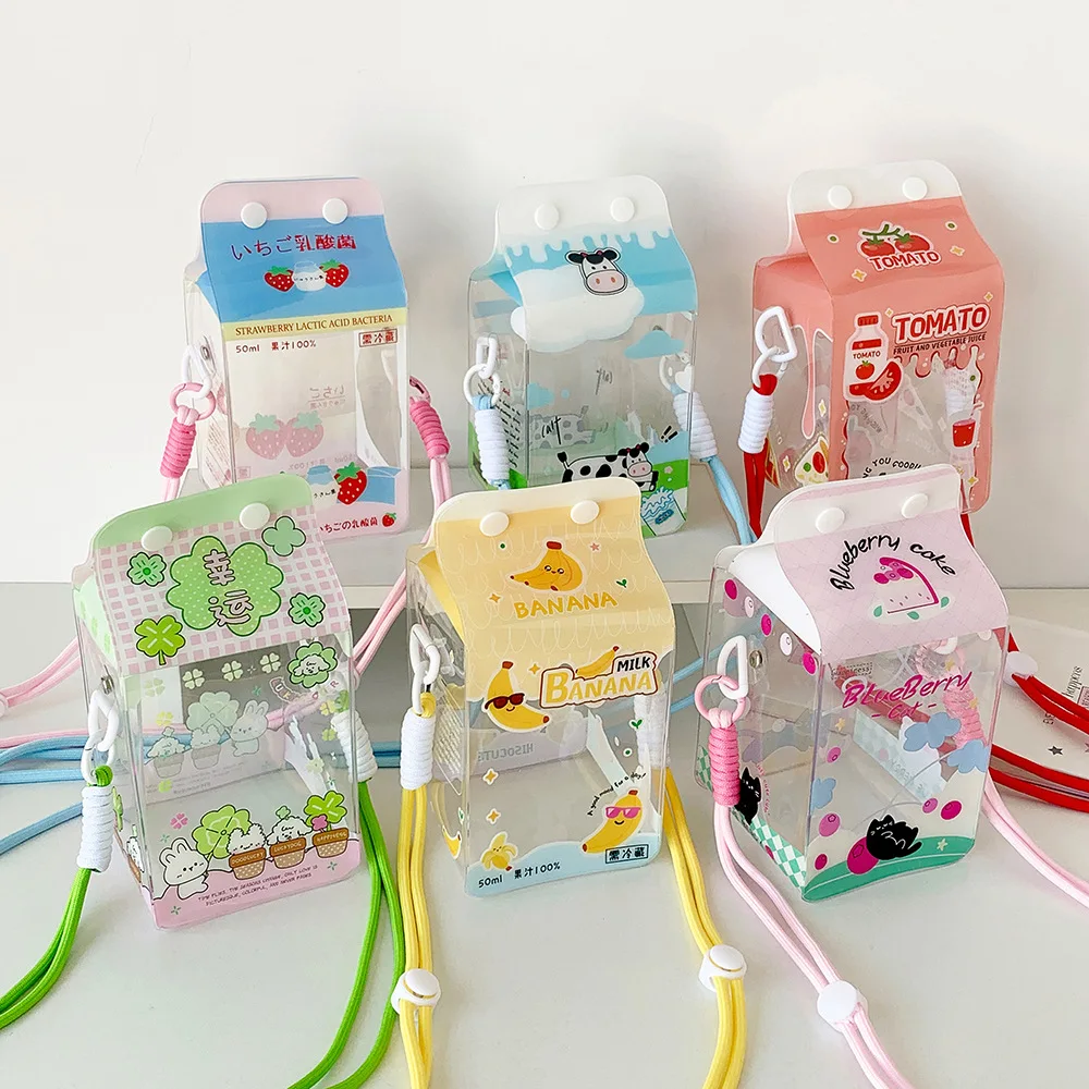 Ladies' kawaii Crossbody Bag Cartoon Cute Transparent Milk Box Funny New Shoulder Bag High-quality Doll Display PVC Storage Bag