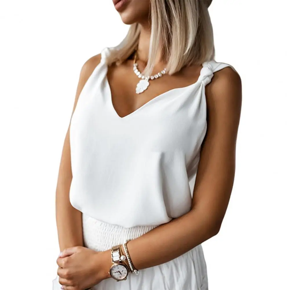 

Tops Women Summer V-neck Knotted Shoulder Straps Vest Solid Color Loose Fit Sleeveless Tank Tops Streetwear Top Mujer