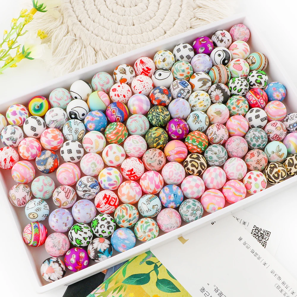 

Kivoct New 10/20Pcs 15mm Printed Silicone Beads Round Charm Beads For Jewelry Making DIY Keychain Necklace Bracelet Accessorie