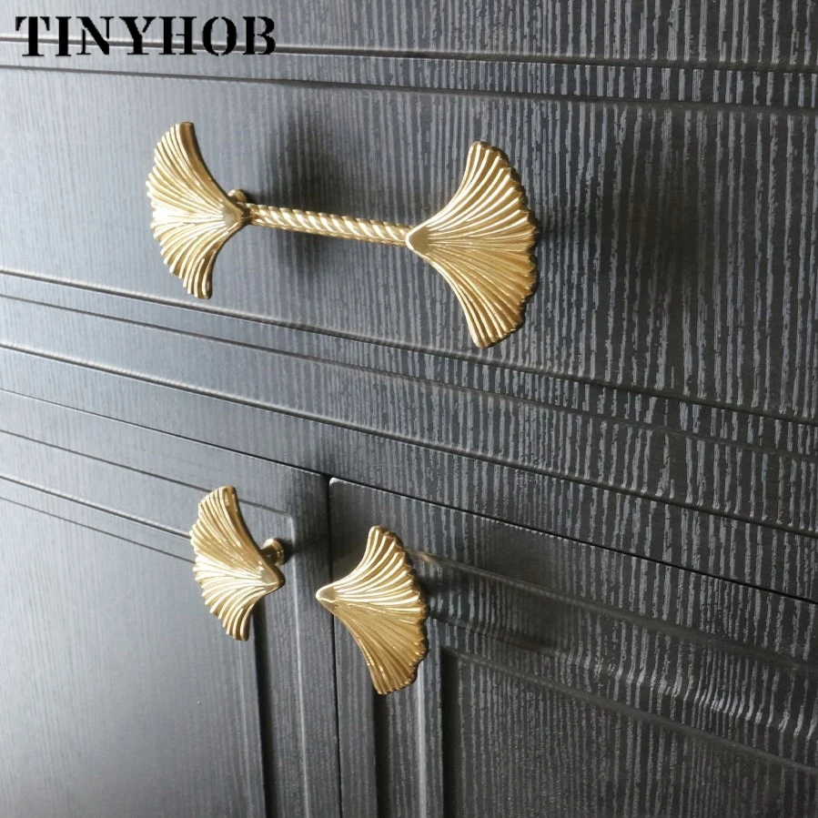 Latão Sólido Ouro Móveis Alças Maple Ginkgo Forma Maçanetas Gabinete Cozinha Armário Gaveta Puxa