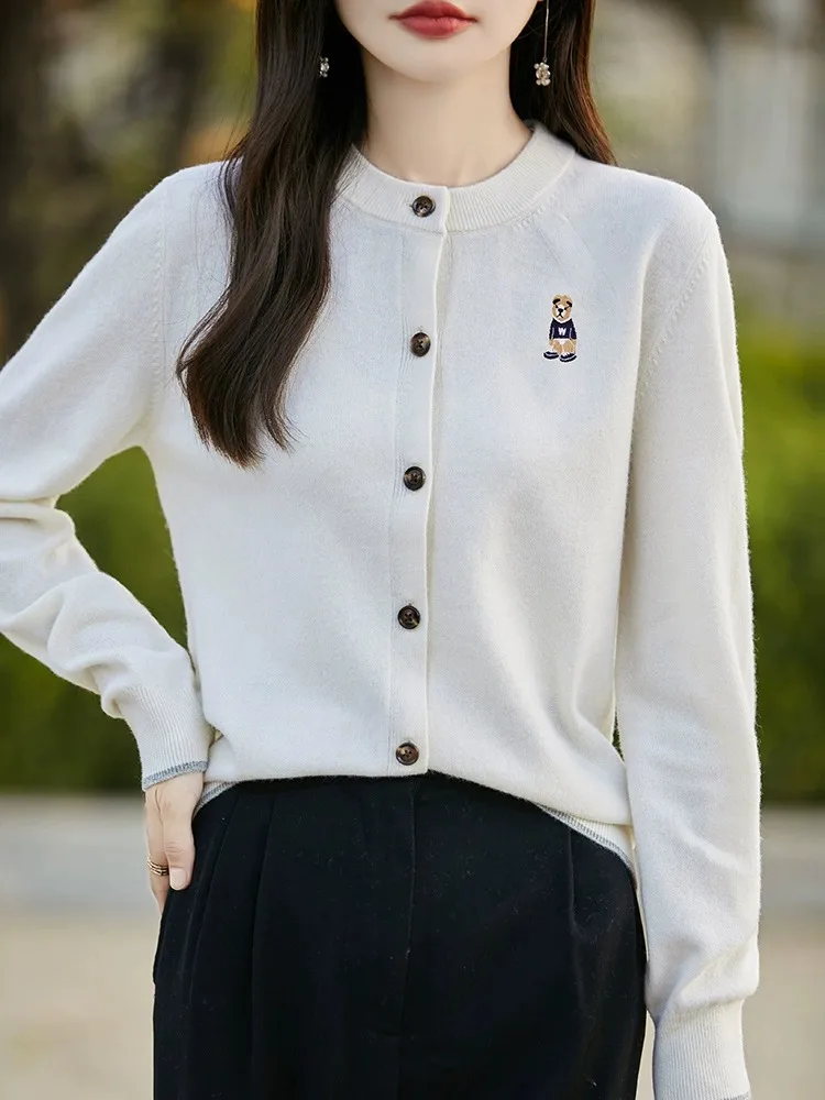 Ele Embroidered Bear Knitted Open Cardigan Women's Spring Autumn 2024 New Single Button round Ne Long Sve Sweater Ja...