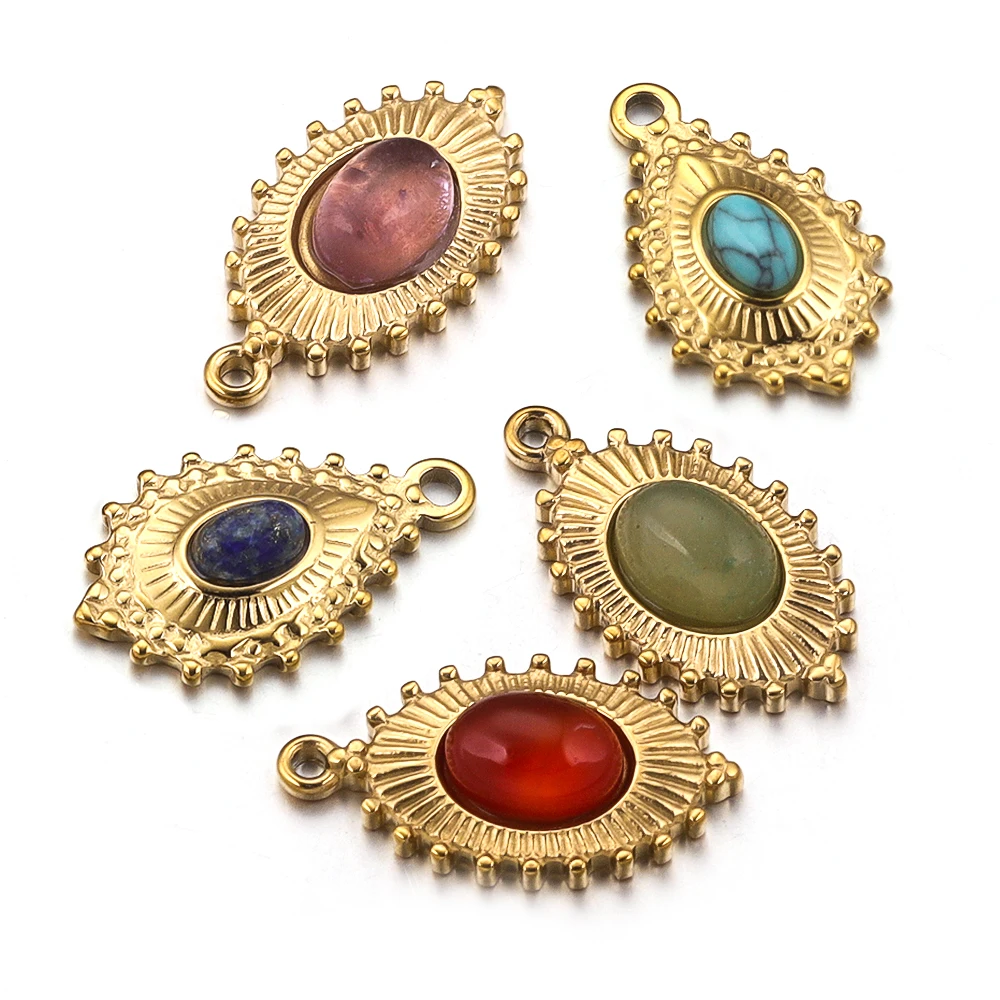 5pcs Stainless Steel Gold Plated Oval Charms Natural Stone Pendants