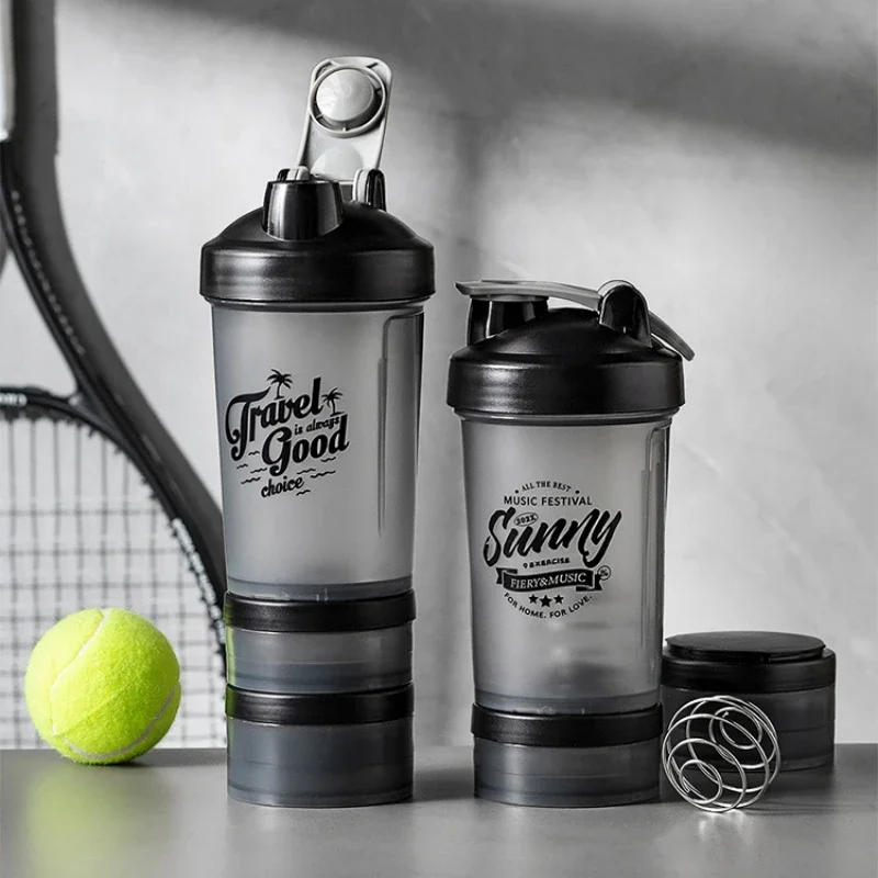 500ml Plastic Water Bottle Three Layer Protein Powder Shaker Large Capacity Stirring Cup Portable Exercise Shaker Spring Cups