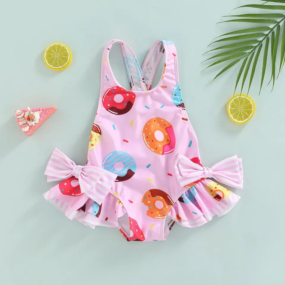 Girls Sleeveless Swimwear with Bowknot and Print