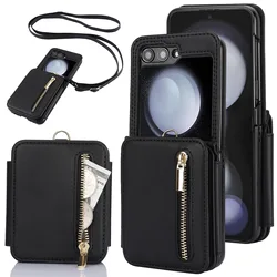 Luxury Leather Crossbody Lanyard Zipper Wallet Card Holder with Kickstand Protective Cover - Samsung Galaxy Z Flip 5 (Black)
