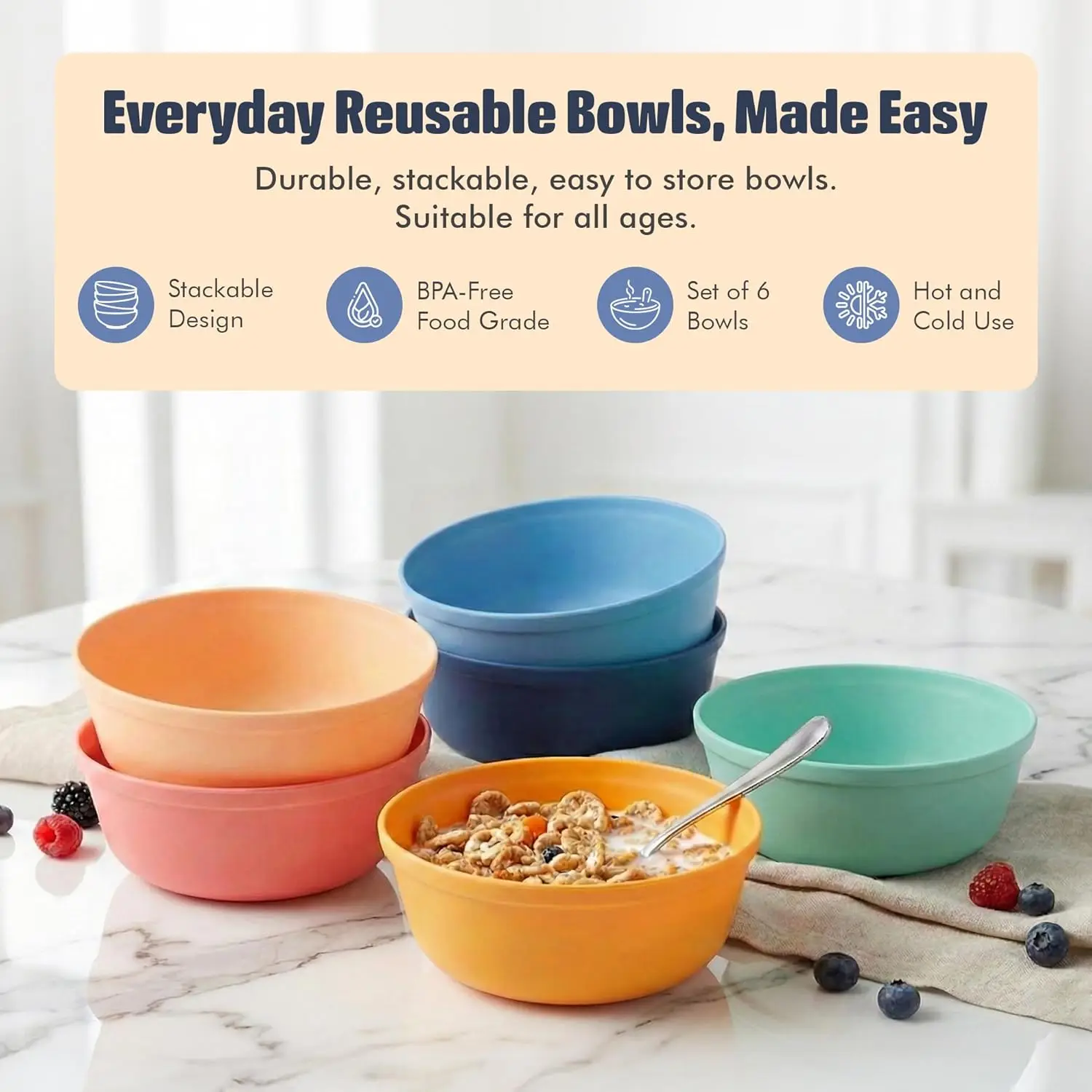 MASTERCOOK Plastic Bowls Set of 6 – 15oz Stackable Salad & Pasta Bowls 2