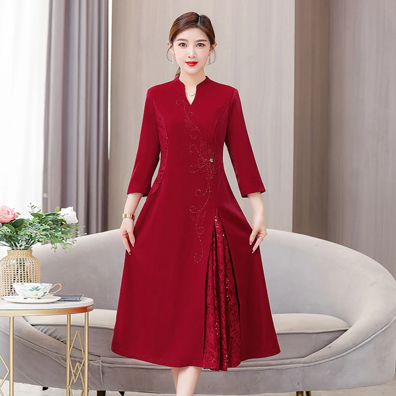 

Mom Wedding Suit Noble 2023 Autumn New plus Size Mother-in-Law Improved Cheongsam Retro Dress