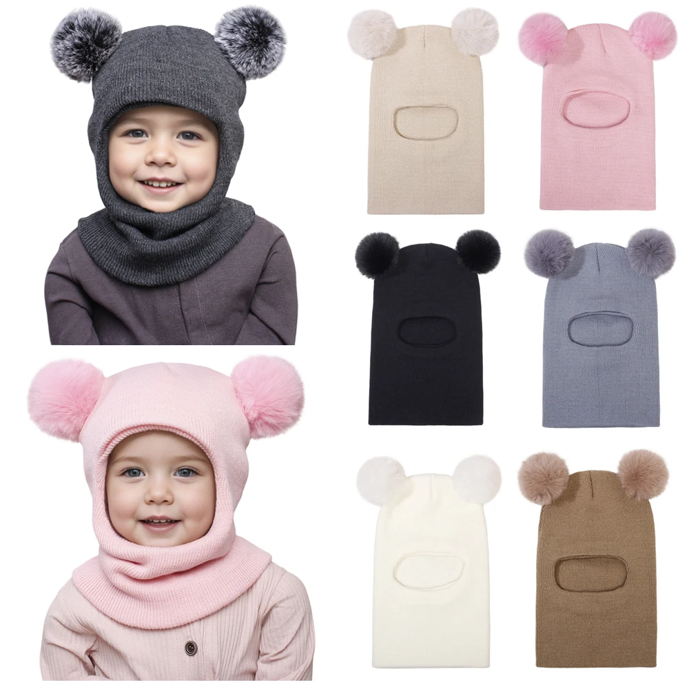 الشتاء الطفل محبوك قبعة وشاح قطعة واحدة فو الفراء الكرة الاطفال قبعة آذان دافئة الرقبة الأطفال بونيه قبعة الرضع للفتيات الفتيان 1-5Y
