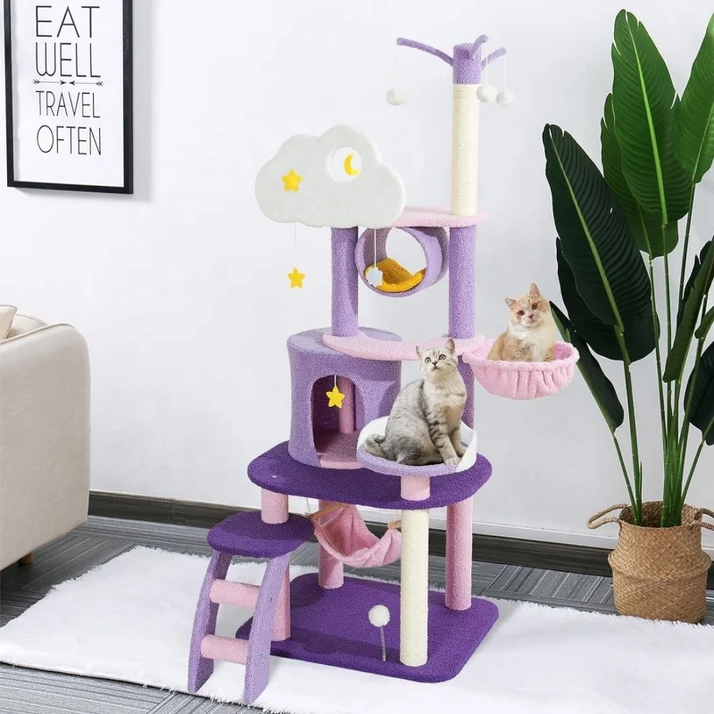 Unique Moon Cloud Cat Tree Tower Cute Cat Houses Sisal Rope Scratching Post Plush Hammock Multi-Level Purple Tree