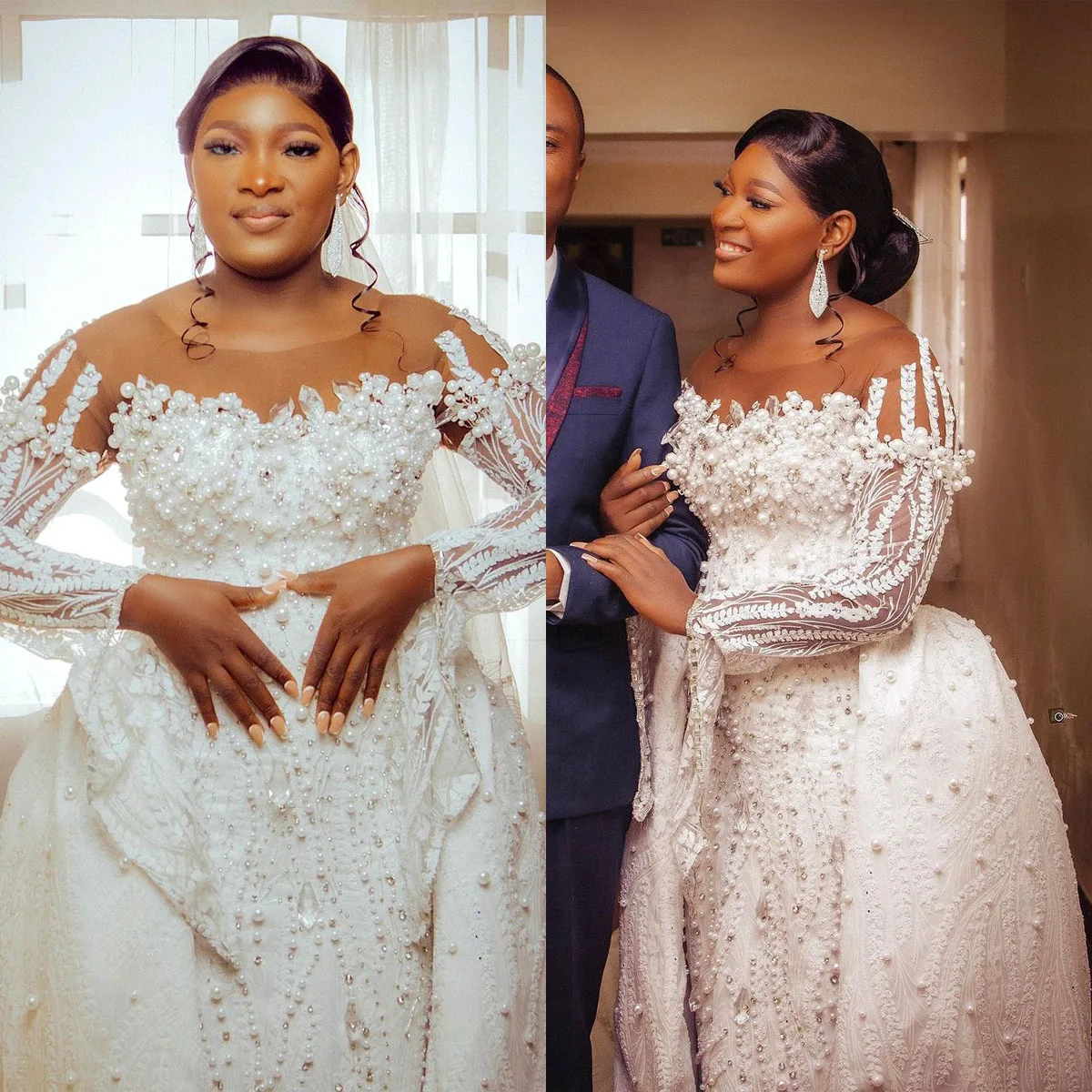 

Elegant Pearls Crystal Wedding Dresses Applique Mermaid Bridal Gowns Detachable Train Long Sleeve Custom Made Robes De Mariéeede