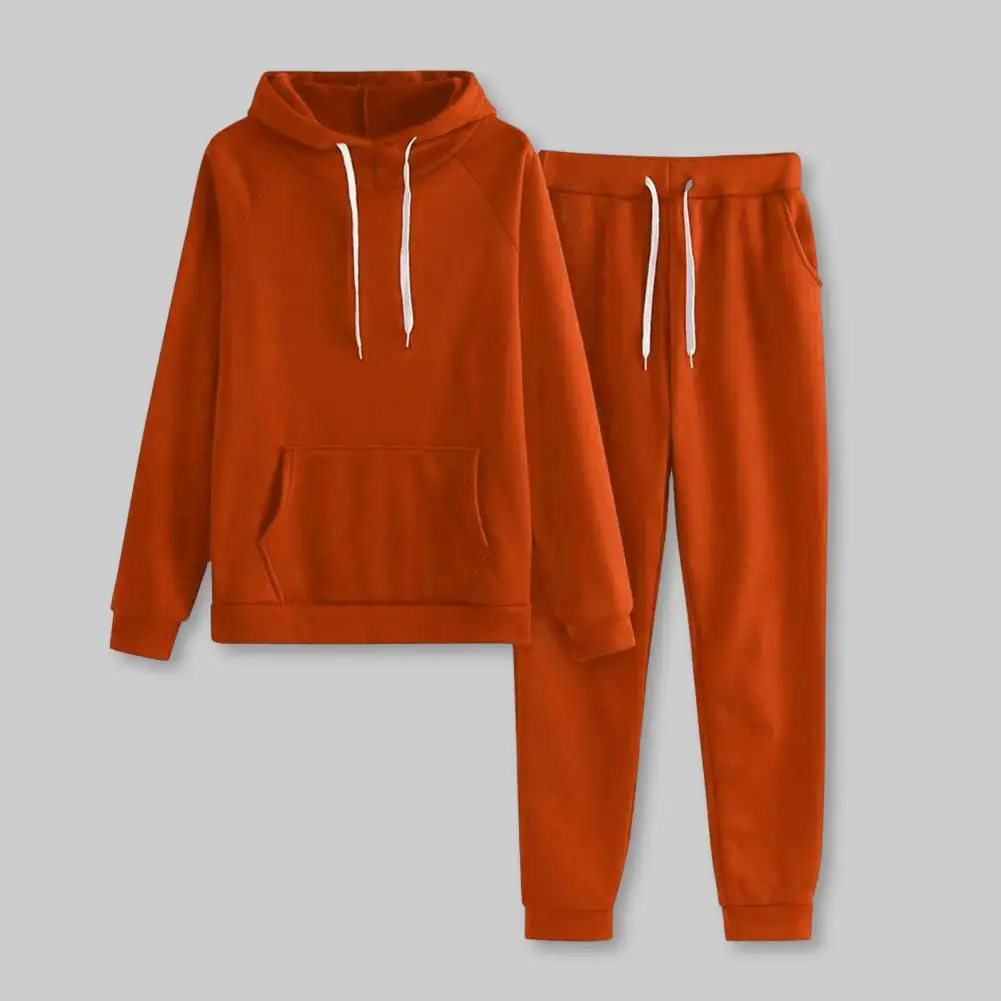 

2 Pcs/Set Women Hoodie Pants Set Long Sleeve Thick Patch Pocket Hooded Drawstring Elastic Waist Ankle-banded Solid Color Top Tro