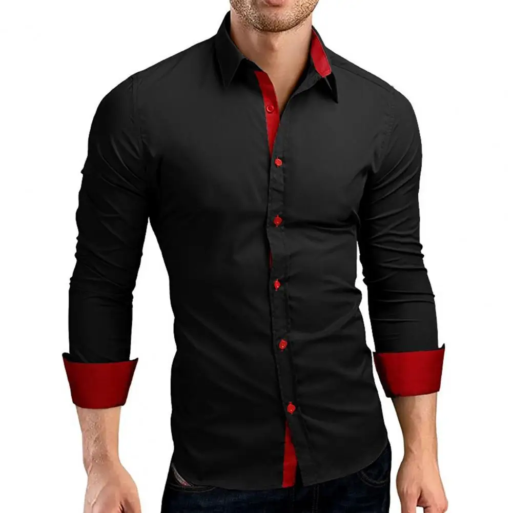 Men Shirt Contrast Color Single-breasted Turn-down Collar Bright Spring Shirt for Work