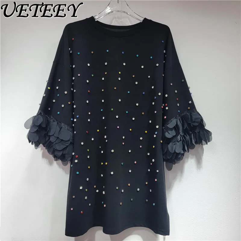 

Korean Style Heavy Industry Rhinestone Petal Stitching Dress Women's Summer New Age-Reducing Sweet Girl T-shirt Dresses