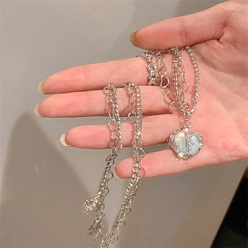 Korean Fashion Purple Crystal Heart Pendant Necklace For Women Black Crystal Egirl Cool Clavicle Chain Y2k Aesthetic Jewery Part