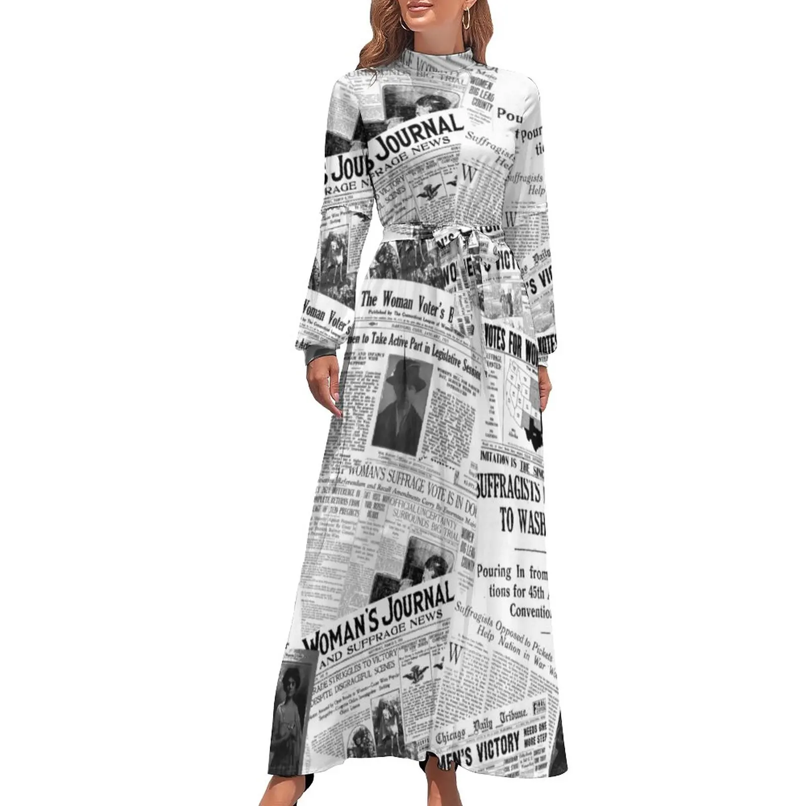 

Womens Rights Dress High Neck WOMEN'S SUFFRAGE Pattern Boho Beach Dresses Long-Sleeve Street Wear Long Maxi Dress Kawaii Vestido