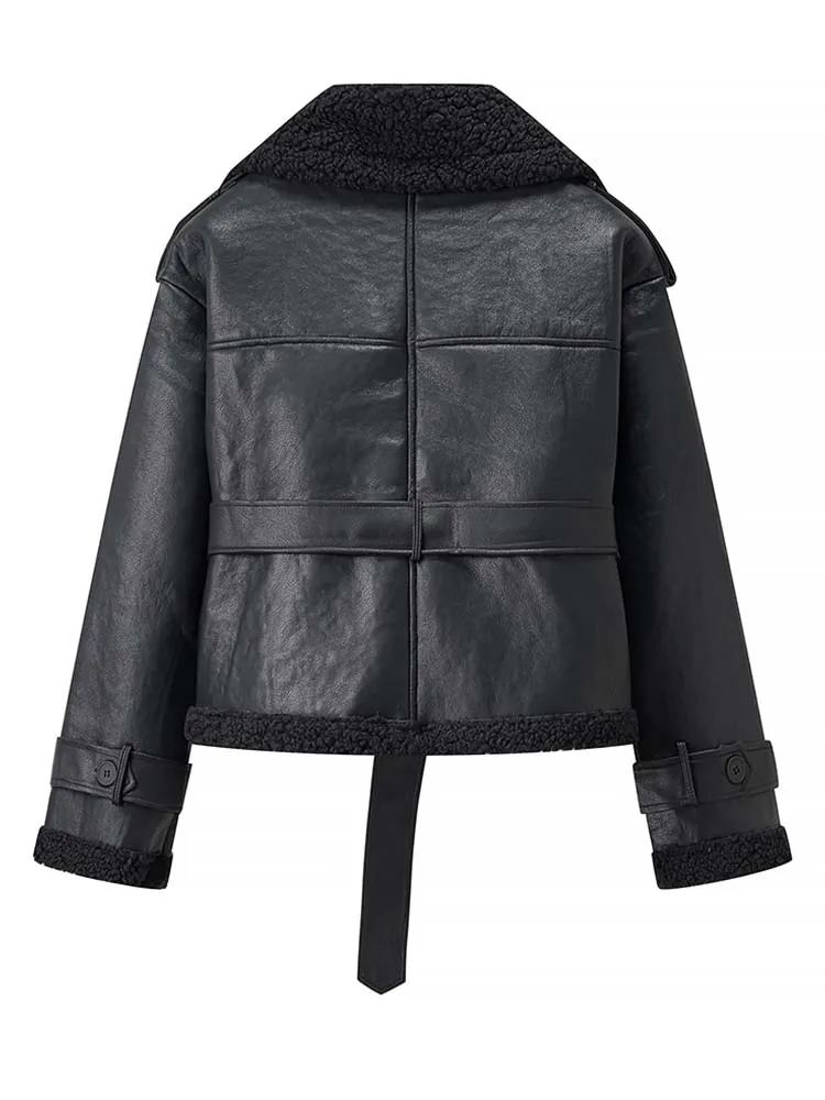 Women Fur Integrated Jacket 2025 New Autumn And Winter Fashion Long Sleeve Coat With Belt Female Elegant High Street Outerwear