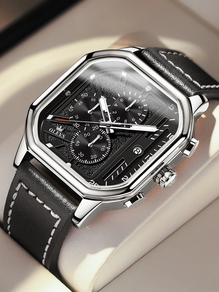 OLEVS Luxury Brand Watch For Men Square Dial Business Fashion Leather Watch Chronograph Sport Quartz Clock Reloj Hombre