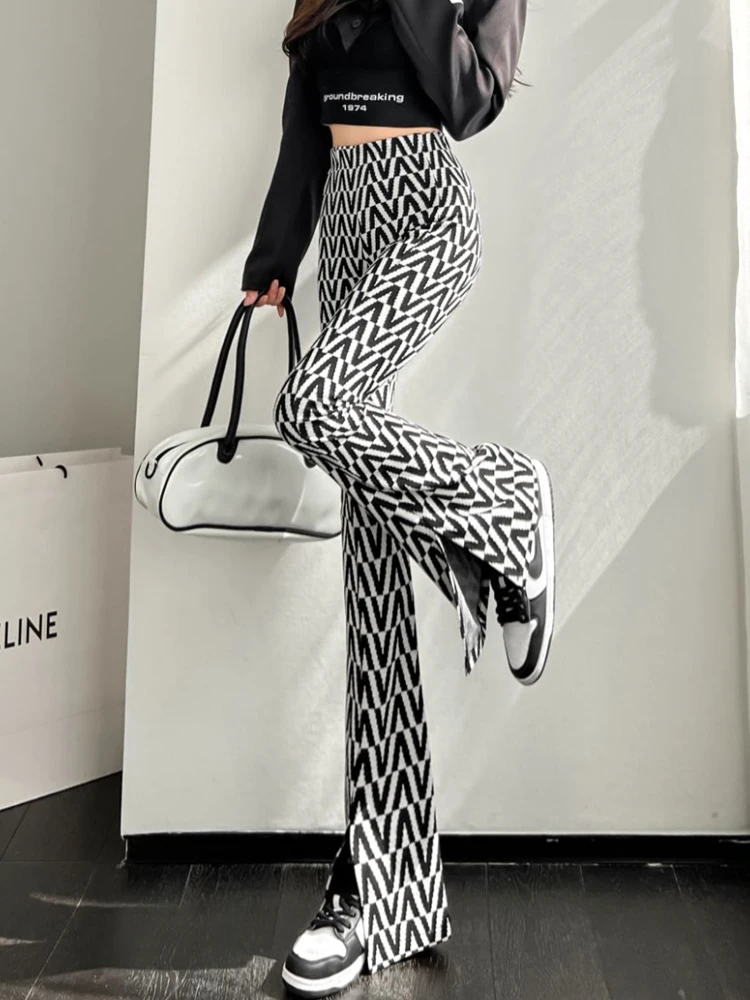 Women High Waist Geometric Print Flare Leggings Summer Flare Pants Fashion Bodycon Trousers Bell Bottom Split Ins Korea Leggings