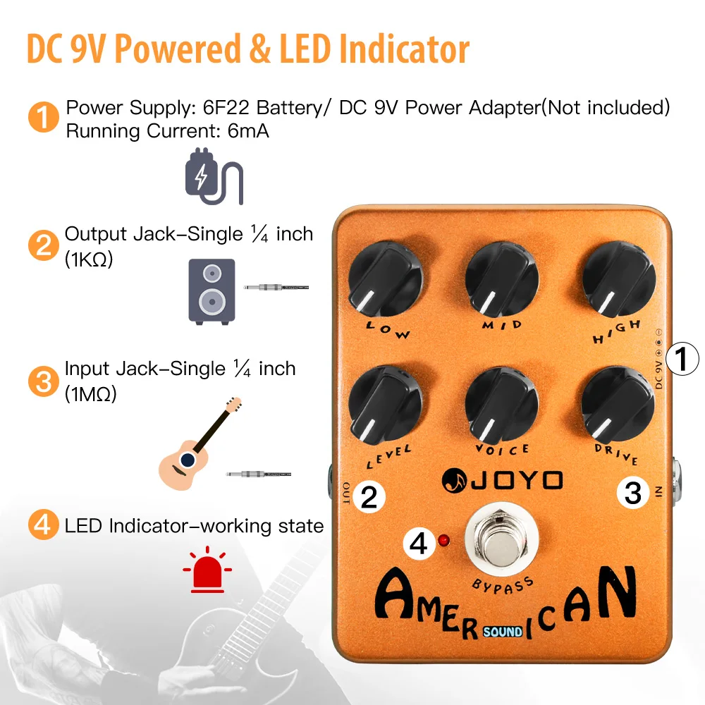 JF-14 AMERICAN SOUND Overdrive Guitar Pedal Features 3 Band EQ Simulation the Cl