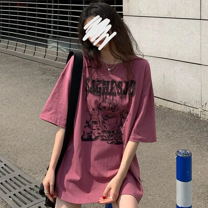 

100% Cotton American High Street Short Sleeved T-shirt for Women New Summer Korean Loose Slimming Versatile Casual Commuting Top
