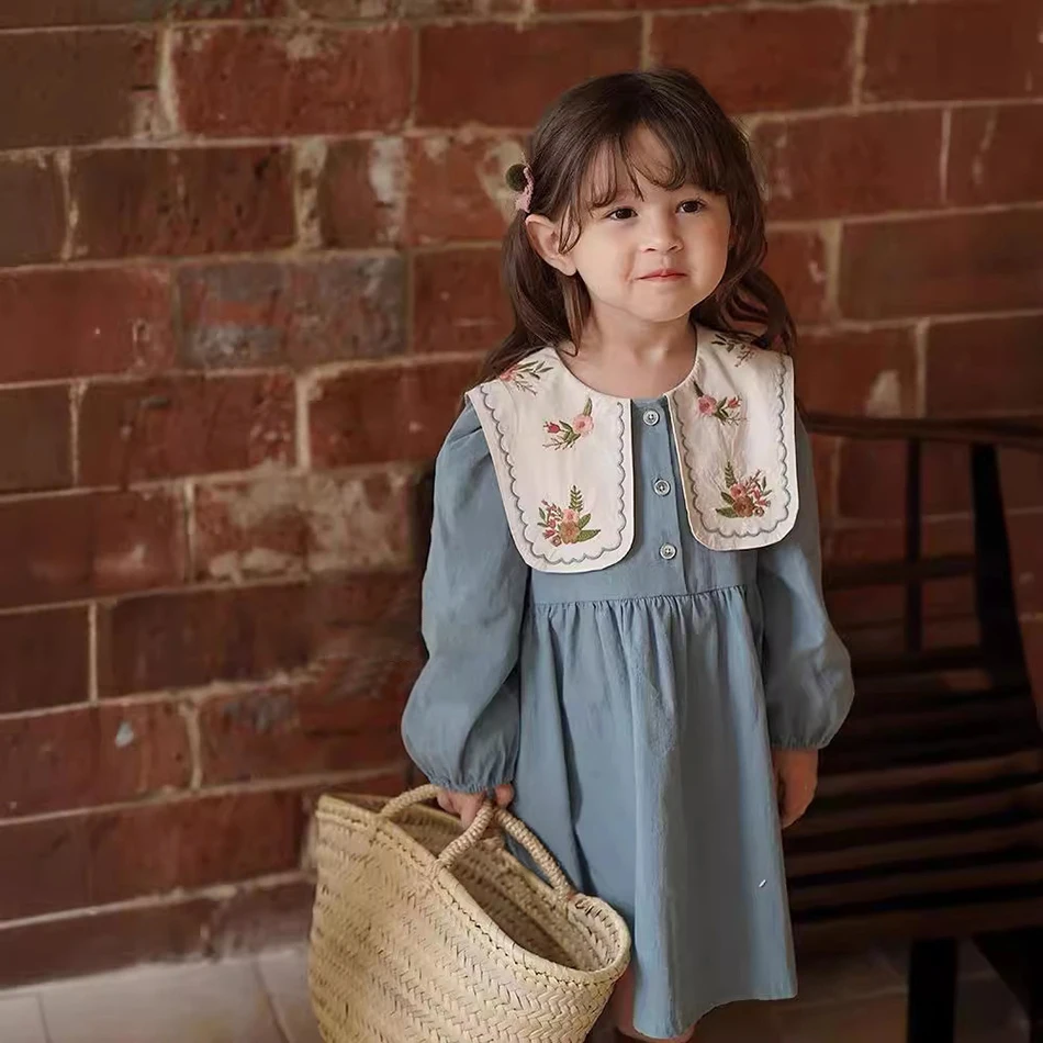 

Children Clothing Floral Embroidered Casual Dresses 2024 New Spring Summer Cotton French Flip Collar Embroidered Princess Dress