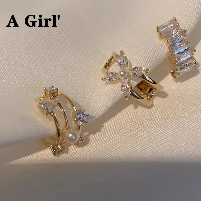 Korean Pearl Zircon Flower Clip Earrings For Women Fake Piercing No Hole Earbone Ear Cuff Trendy Jewelry Gifts ear clip earrings,clip earrings,ear clip